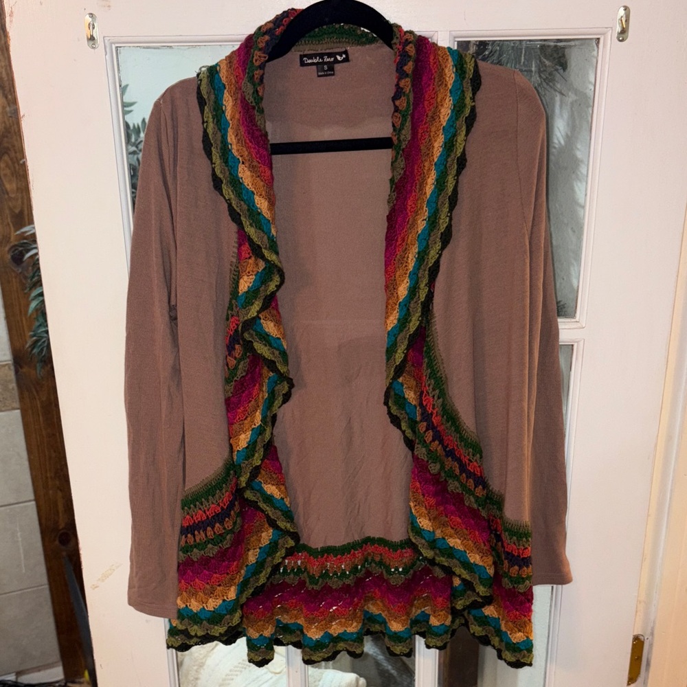 Double Zero Taupe Open-Front Cardigan Granny Square Ruffle Trim Small